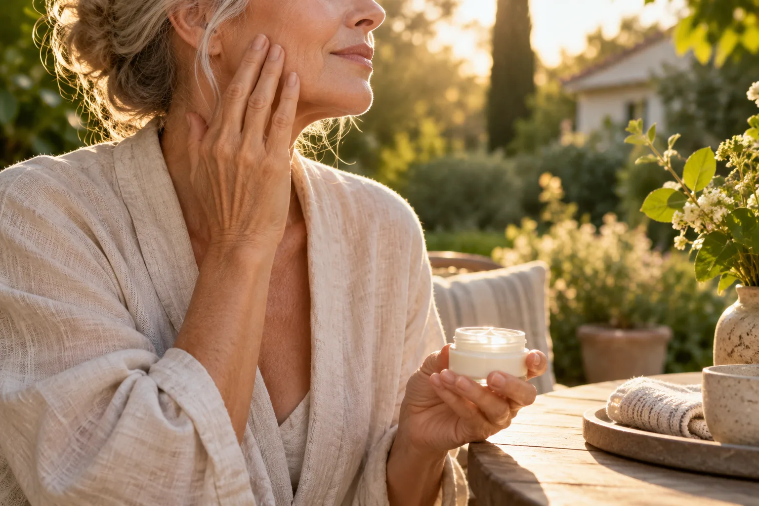An older woman touching her cheek and holding a jar of cream on a garden terrace