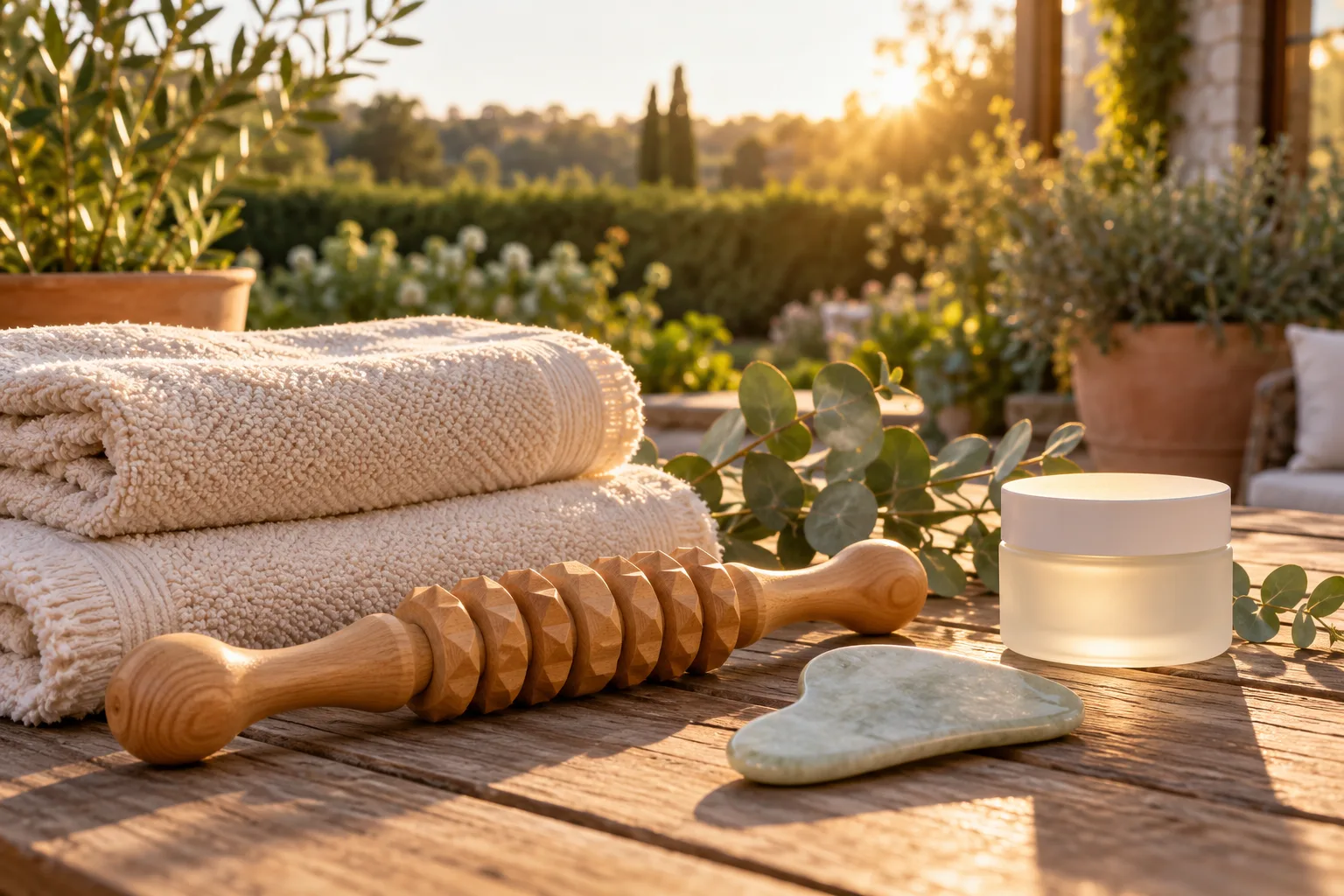Folded towels, a wooden roller and a jar of cream on an outdoor table at sunset