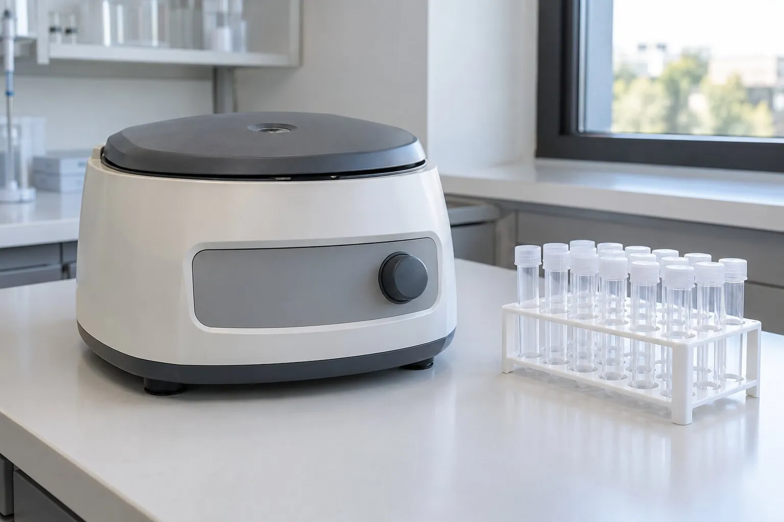 A benchtop centrifuge beside a rack of empty sample tubes