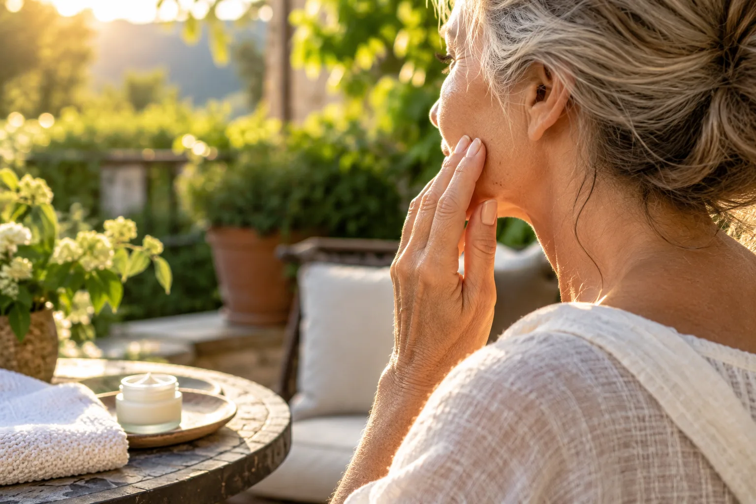 An older woman touching her cheek beside a terrace table with a candle and towel