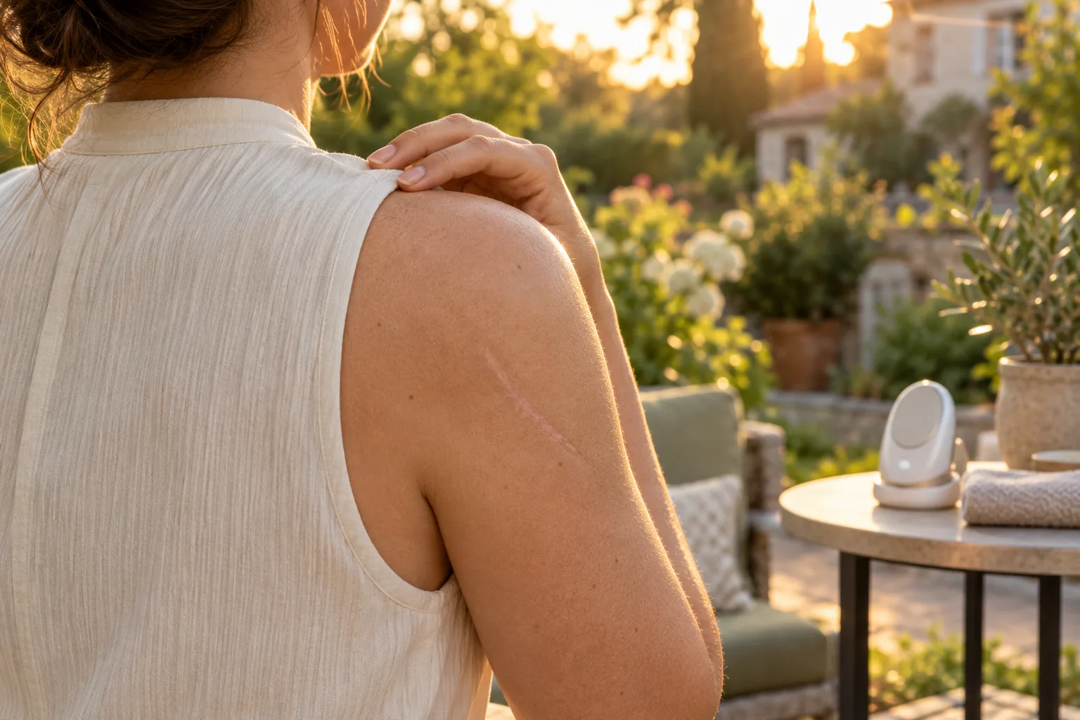 A woman seen from behind touching her shoulder on a garden patio