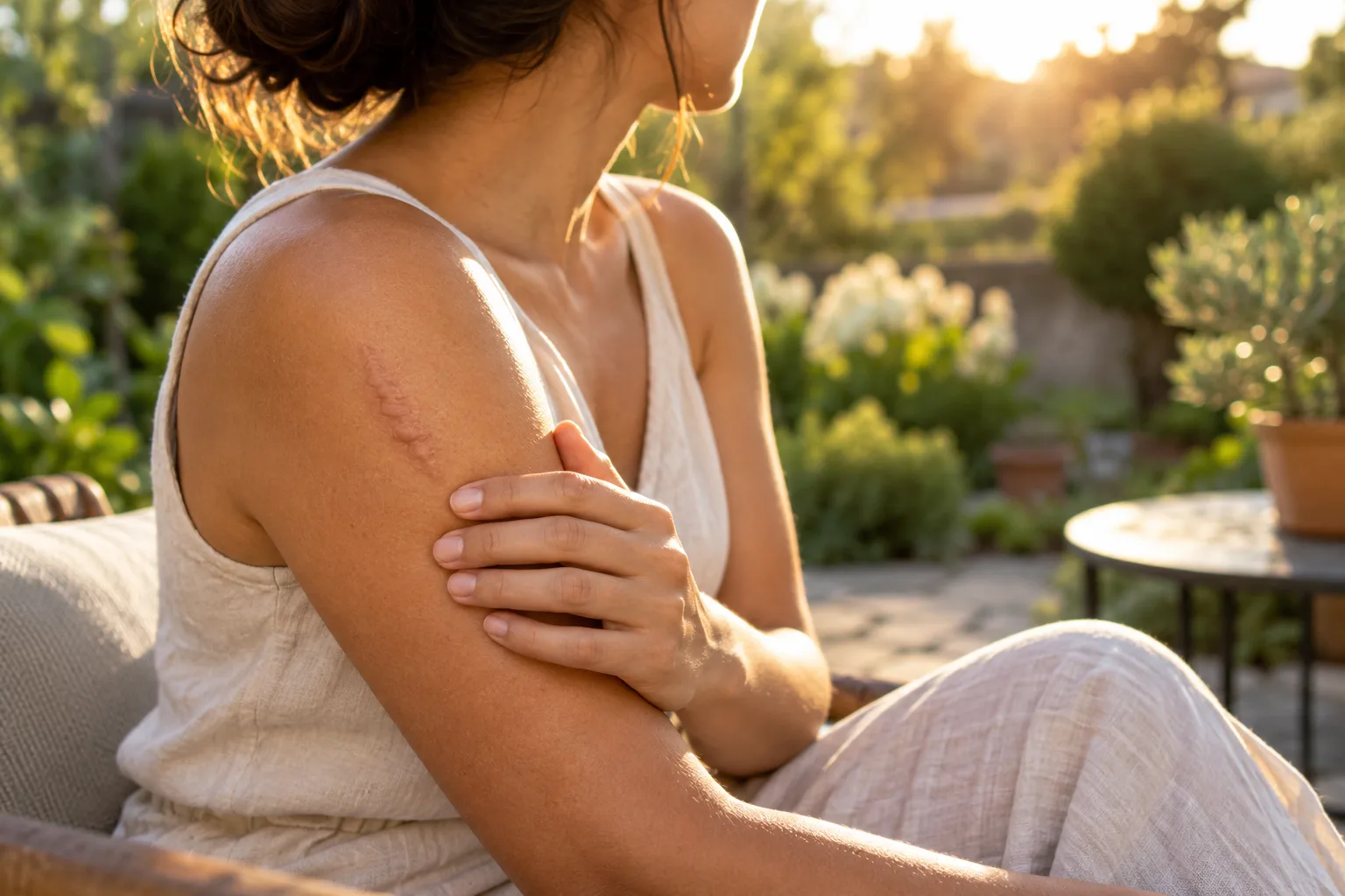 A woman with a raised scar on her upper arm sitting in a garden