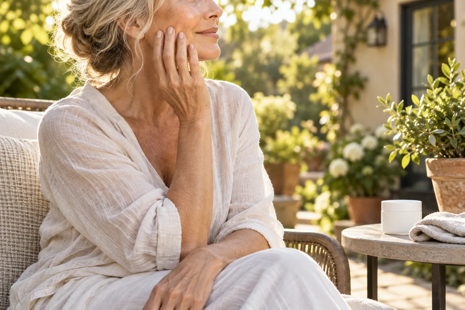 An older woman smiling with her hand on her cheek on a garden patio