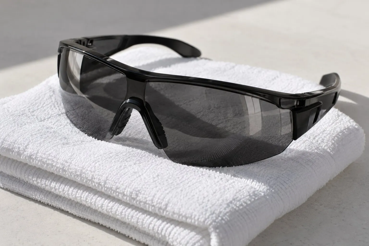 Tinted protective eyewear resting on a folded white towel